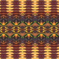 Symmetrical pagoda-inspired golden sunset pattern blending architecture with abstract repetition and vibrant design.