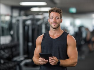 A man with muscular build stands in a modern gym, holding a tablet. He appears focused and motivated while planning his workout amidst exercise equipment and gym members.