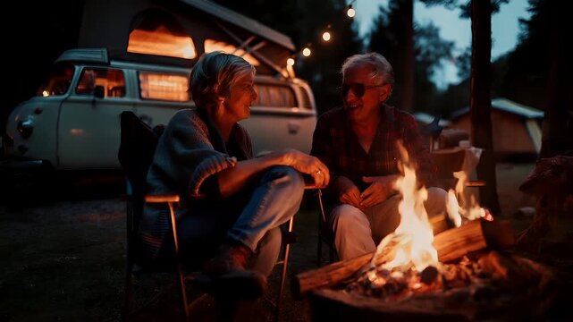 A candid shot of a man and a woman sitting by a campfire at night, with a vintage van in the background. The man and woman appear to be in a relaxed, candid moment.