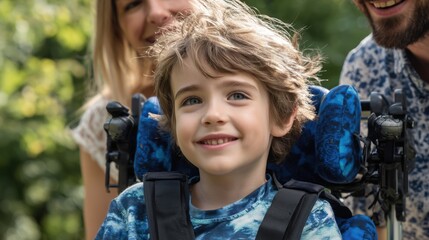 National Spina Bifida Awareness Month. portrait of a young child using a wheelchair outdoors in a sunny park, smiling with supportive parents nearby