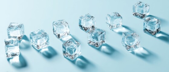 The Ice Cubes on Blue Studio Background with Reflected Light