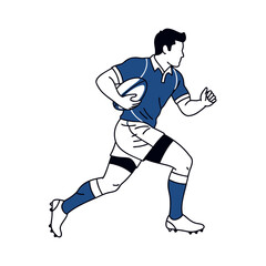 Naklejka premium Male rugby player running with ball in blue uniform and shoes 