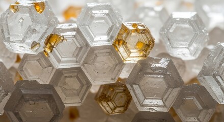 Macro view of clear and amber hexagonal crystals, showcasing intricate geometric structures and translucent facets.