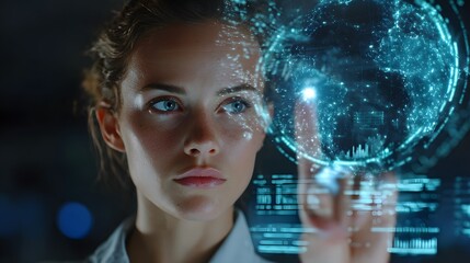 Woman interacting with digital globe hologram future technology interface
