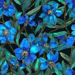 Elegant Blue Florals with Golden Outlines - Seamless Botanical Pattern.