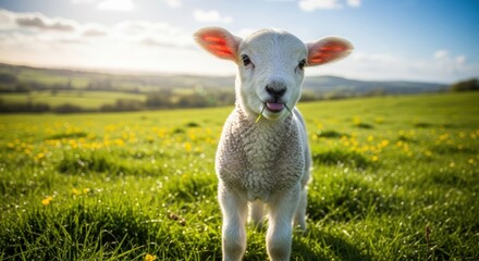 Fototapeta premium A close up of a lamb standing in a green field with a blade of grass sticking out of its mouth