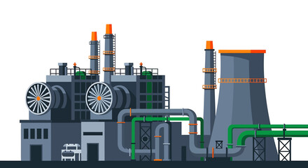 Stylized industrial manufacturing plant illustration with pipes and chimneys