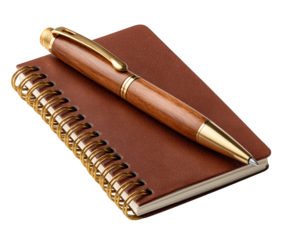 Brown spiral notebook wooden pen gold accents stationery office supply writing tool paper elegant isolated study