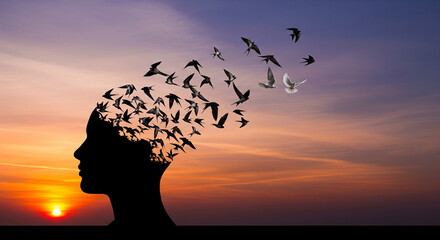 Conceptual art of birds flying out of a human head silhouette, symbolizing letting go and mental freedom.