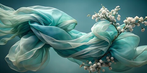Flowing turquoise silk fabric with delicate white flowers, elegant and ethereal, against a soft blue background