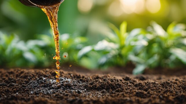 Closeup of liquid fertilizer being poured onto rich soil highlighting vibrant plant growth with a blurred background of greenery