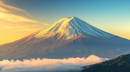 Fototapeta premium Snow-capped mountain sunrise, sunshine on golden mountain, blue sky, sea of clouds 