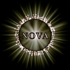 A dark background with a circular, metallic-toned frame, radiating light rays. The word "NOVA" is centered within the frame