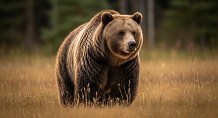 Fototapeta premium Brown Bear Standing in Grassy Field in Forest Setting