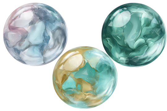 Three Abstract Spheres with Marble Texture and Pastel Color Palette on Transparent Background