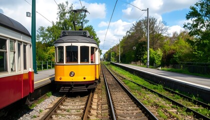 Vintage tram at a station