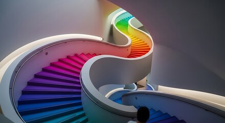 Vibrant rainbow spiral staircase ascends into modern, bright architectural space with flowing curves