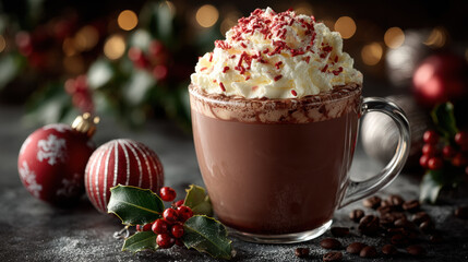 Rich hot cocoa topped with whipped cream and red sprinkles, surrounded by festive Christmas decorations and holly