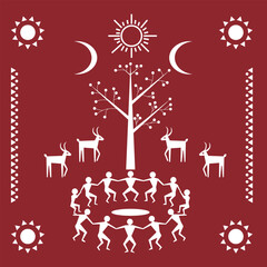 Traditional Warli tribal art illustration with people dancing in a circle, tree, animals, sun, and moon motifs on a red background, symbolizing nature, culture, and community life.