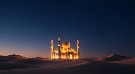 Beautiful Islamic mosque with glowing lights at night, surrounded by serene sand dunes and starry sky.