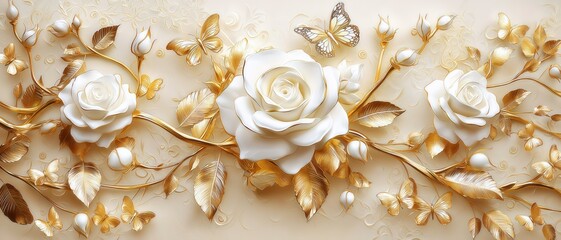 3D relief art luxurious white roses layered petals golden branches leaves butterflies light gold textured background porcelain metallic cinematic horizontal composition