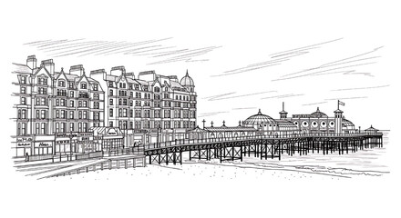 Sketch of the Brighton Palace Pier in Brighton, England. A detailed hand-drawn black and white illustration of the famous Victorian pier.