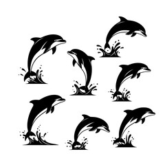Naklejka premium Dolphin jumping silhouette, black and white vector, minimal, isolated.