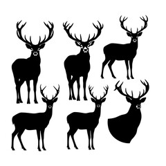 Deer with antlers silhouette, black and white vector, isolated