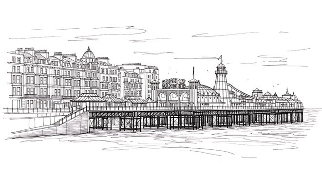 Sketch of the Brighton Palace Pier in Brighton, England. A detailed hand-drawn black and white illustration of the famous Victorian pier.