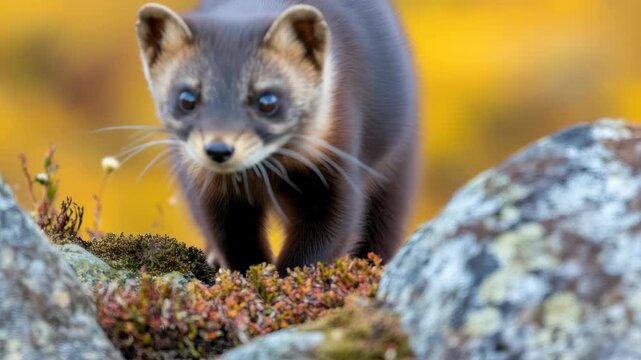 Close-up of a curious marten peeking between rocks with a blurred autumn background, captured at eye level. Perfect for a nature video theme. Live desktop wallpaper.
