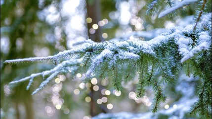 Snow-covered spruce branches in a winter forest, evoking a magical Christmas atmosphere.