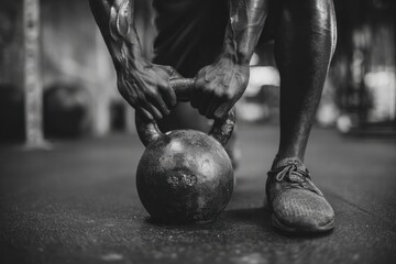 A person is lifting a kettlebell in a fitness center, demonstrating strength and determination. The gym features various equipment in a well-lit environment, emphasizing a workout atmosphere.
