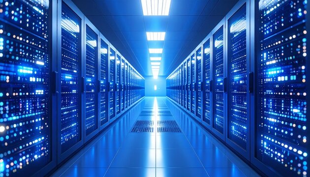 Data center corridor illuminated with blue light showing rows of servers providing cloud computing and information technology solutions for modern business operations.