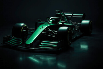 Formula 1 green racing car on futuristic neon stage. Concept of motorsport engineering, innovation, speed, technology, and prestige with dramatic emotional atmosphere.