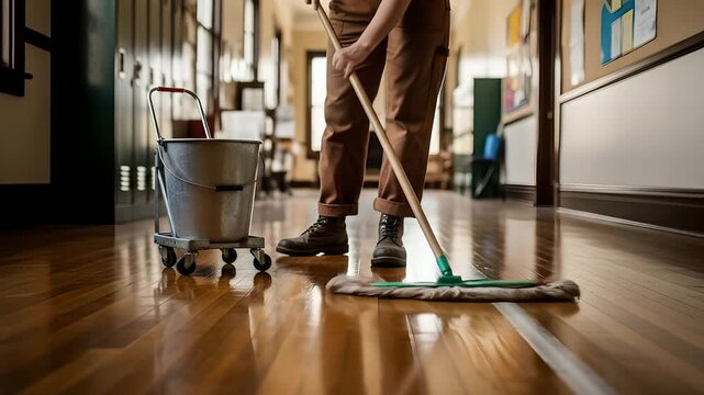 School custodian mops shiny wood floor with bucket cart in hallway. Floor care, maintenance, school cleaning, facilities management, janitorial services, education background.