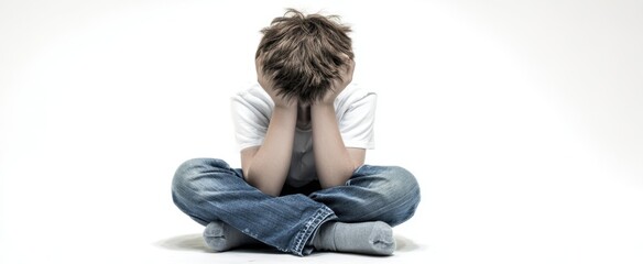 The boy expressing deep emotions while sitting in a quiet, reflective pose.