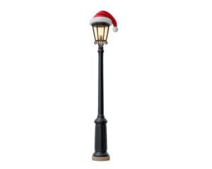 Streetlight with glowing lantern, decorated with red Santa hat, festive Christmas holiday atmosphere, isolated on transparent background, cheerful winter celebration