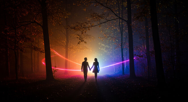 Silhouette of a romantic couple walking hand in hand through a dark autumn forest at night, surrounded by glowing colorful aura lights and misty atmosphere