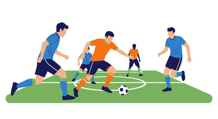 Fototapeta premium Dynamic vector illustration depicting energetic soccer match play on a green