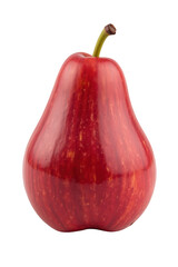 Fresh, shiny red pear with smooth surface and green stem, showcasing its natural beauty and vibrant color