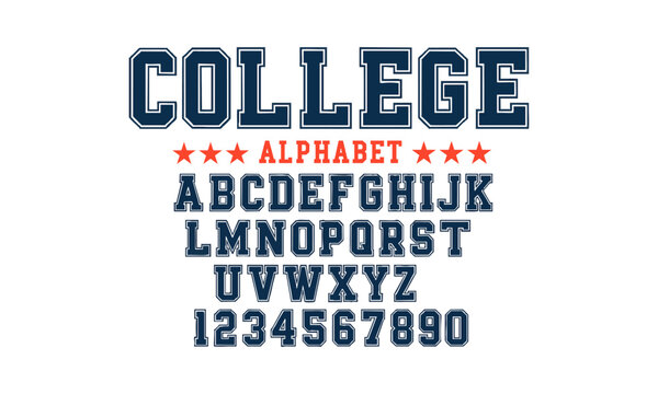 College Alphabet Typeface Vector Pack Bold Varsity Sports Block Letters A&ndash;Z and Numbers 0&ndash;9, Vintage sport font in American style for football, baseball or basketball logos and t-shirt, easily editabl