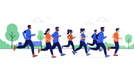 Diverse group enjoying energetic run together in outdoor park setting