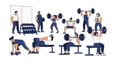 Vector illustration displaying a group of people lifting weights in a gymnasium