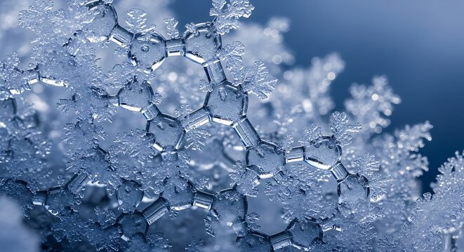 Delicate hexagonal ice crystals form a complex molecular lattice structure in a macro view.