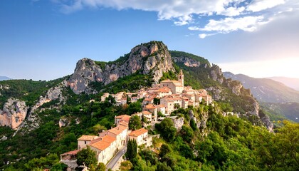Picturesque mountaintop village at sunrise