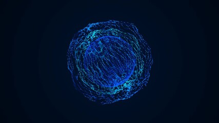 Geometric neon sphere with blue glowing core rotating animation lines dots triangles chaotic mesh intro for advertising presentations business technology sci fi games and videos - Powered by Adobe
