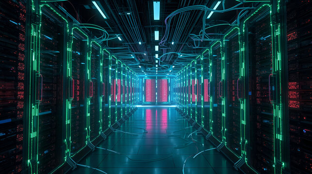 Futuristic modern data center interior with glowing server racks and green cables in ultra realistic