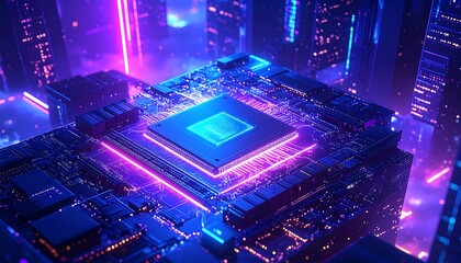 Futuristic cityscape, central processor