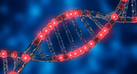 DNA Strand Double Helix with Red Nodes Against Blue Backdrop