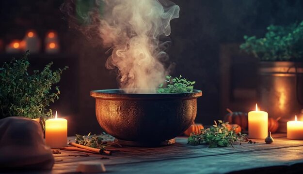 Witch cauldron with smoking potion, candles, herbs, plants on wooden table. Magic concept, fantasy, witchcraft, Halloween